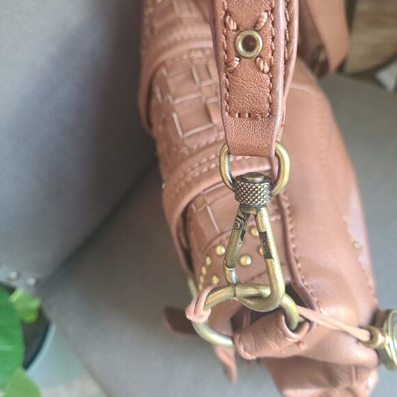The Sak Brown Basketweave‎ Large Crossbody Purse BAG Gold Studded LEATHER Hobo - Picture 11 of 11